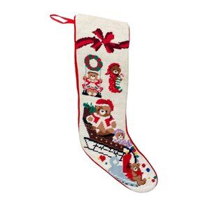 *Vintage Embroidered Christmas Stocking Teddy Bear Bears Red Velvet Back Holiday